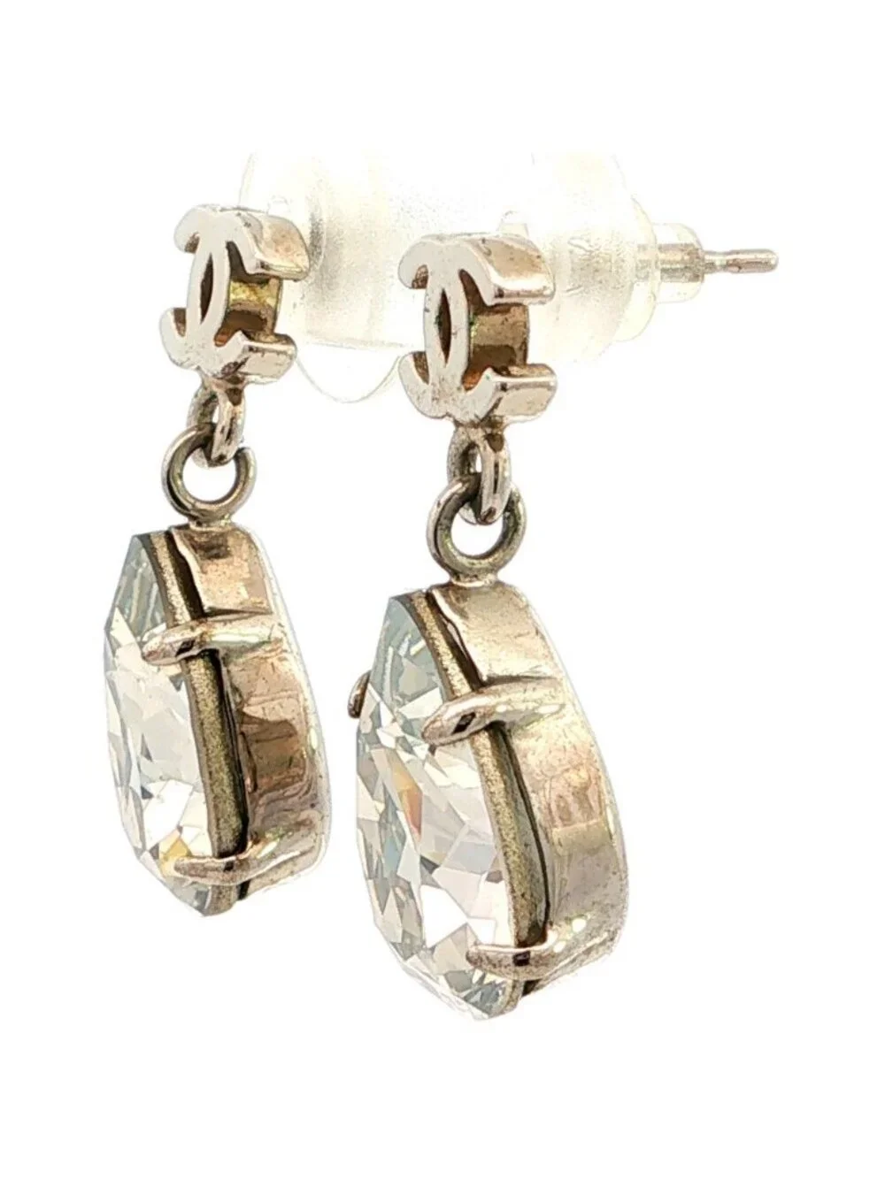 Chanel CC Logo Pear Shape Rhinestone Alloy Earrings Plated Silver